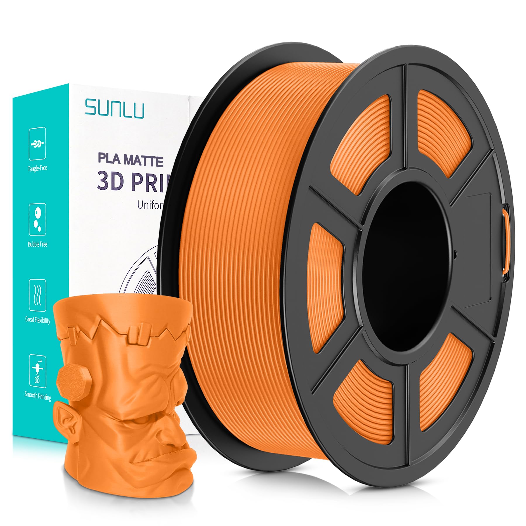 SUNLU 3D Printer Filament Matte PLA Filament, Neatly Wound Matte PLA Filament 1.75mm ± 0.02mm, Fit Most FDM 3D Printers, Good Vacuum Packaging 3D Printing Filament, 1kg Spool (2.2lbs), Matte Orange