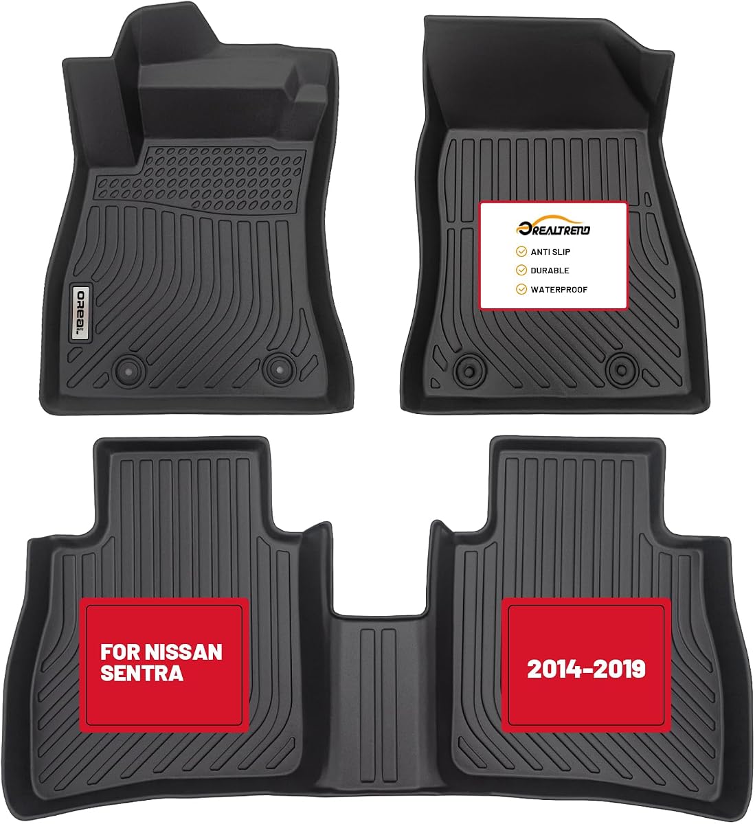 Orealtrend Alfombrillas de coche compatibles con Nissan Sentra/Sylphy 2014-2019 resistentes para todo tipo de clima, a prueba de derrames, alfombras delanteras y traseras negras, revestimientos de ajuste personalizado, accesorios antideslizantes inodoros para hombres y papá