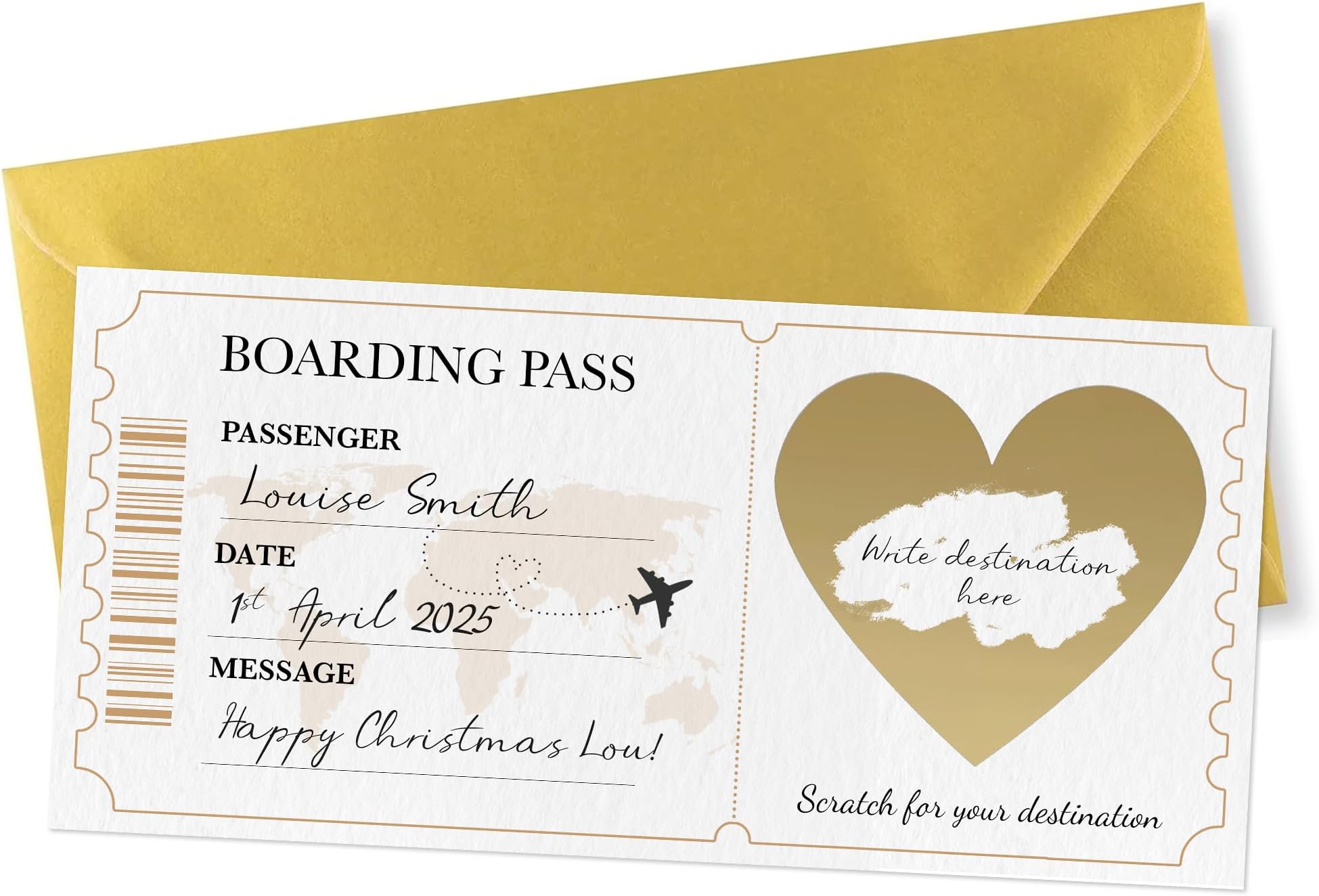 Golden Travel Ticket Scratch-off Card with Gold Envelope - Scratch Boarding Pass Surprise - Holiday Scratchcard for Christmas (Boarding Pass Single)