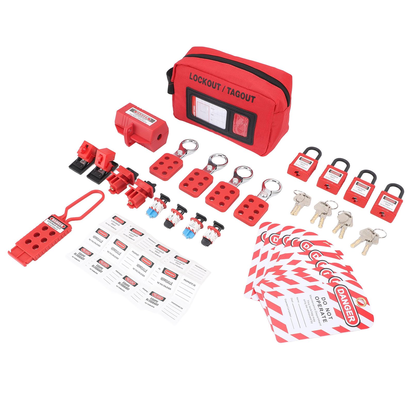 Kit de Etiquetado de Bloqueo Bloqueo de Disyuntor Eléctrico con Abrazadera Loto con Brida para Cables y Bolsa de Bolsillo para Mantenimiento Industrial Aislamiento de Equipos de Válvulas de