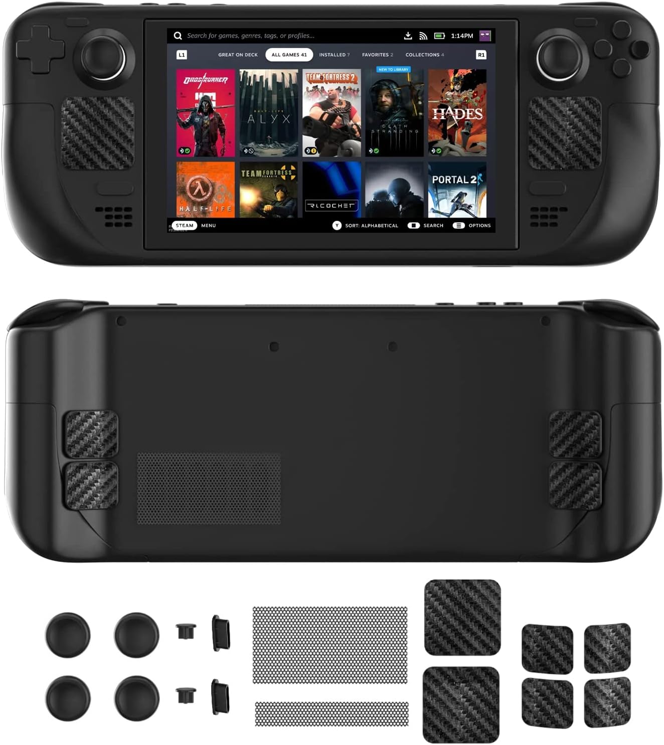 for Steam Deck Accessories Kit, Steam Deck Thumb Caps, Skin Protective Dust-Proof Kit for Console Screen Protector, Dust Filter Cover, Protection Sticker (Black)