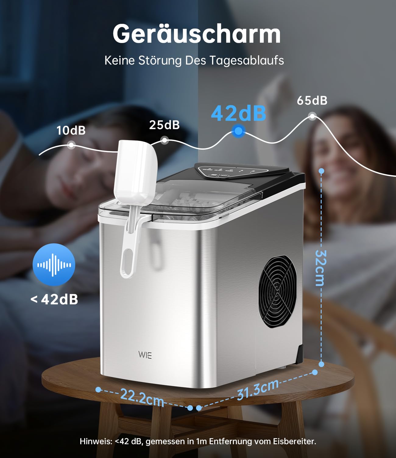 WIE Eiswürfelmaschine, 15KG Eiswürfelbereiter Ice Maker, 9 Würfel in 6 Min, Eiswürfelmaschinen mit Tragbarem Griff, Silber, Eiswürfelbereiter für Zuhause/Küche/Büro/Wohnmobil