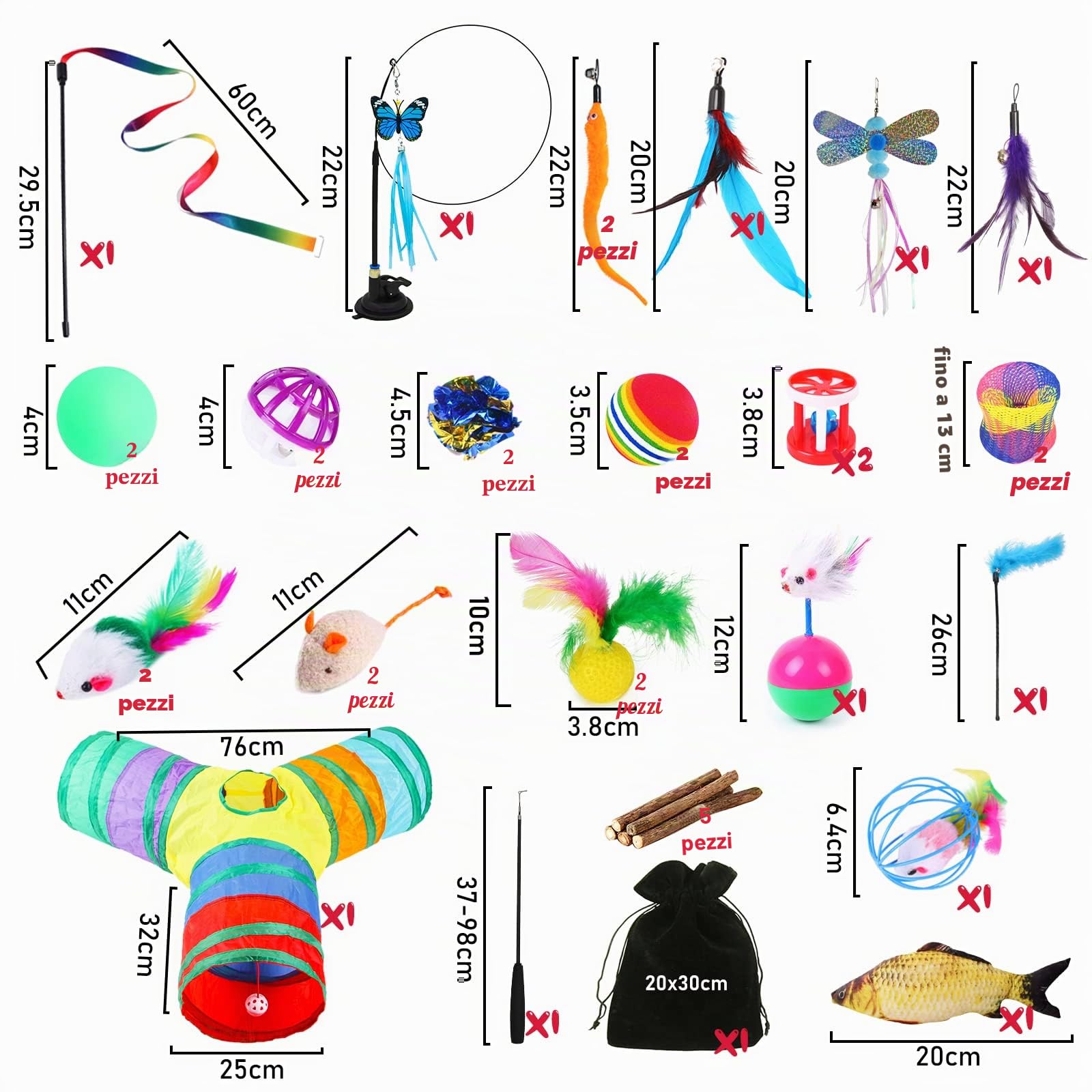 Set di Giocattoli per Gatti,37 Pezzi Giochi per Gatti,Gioco Gatto da Interno Set,con Tunnel per Gatti,Topi,Bacchetta di Piume,Pesci,Palline e Campane