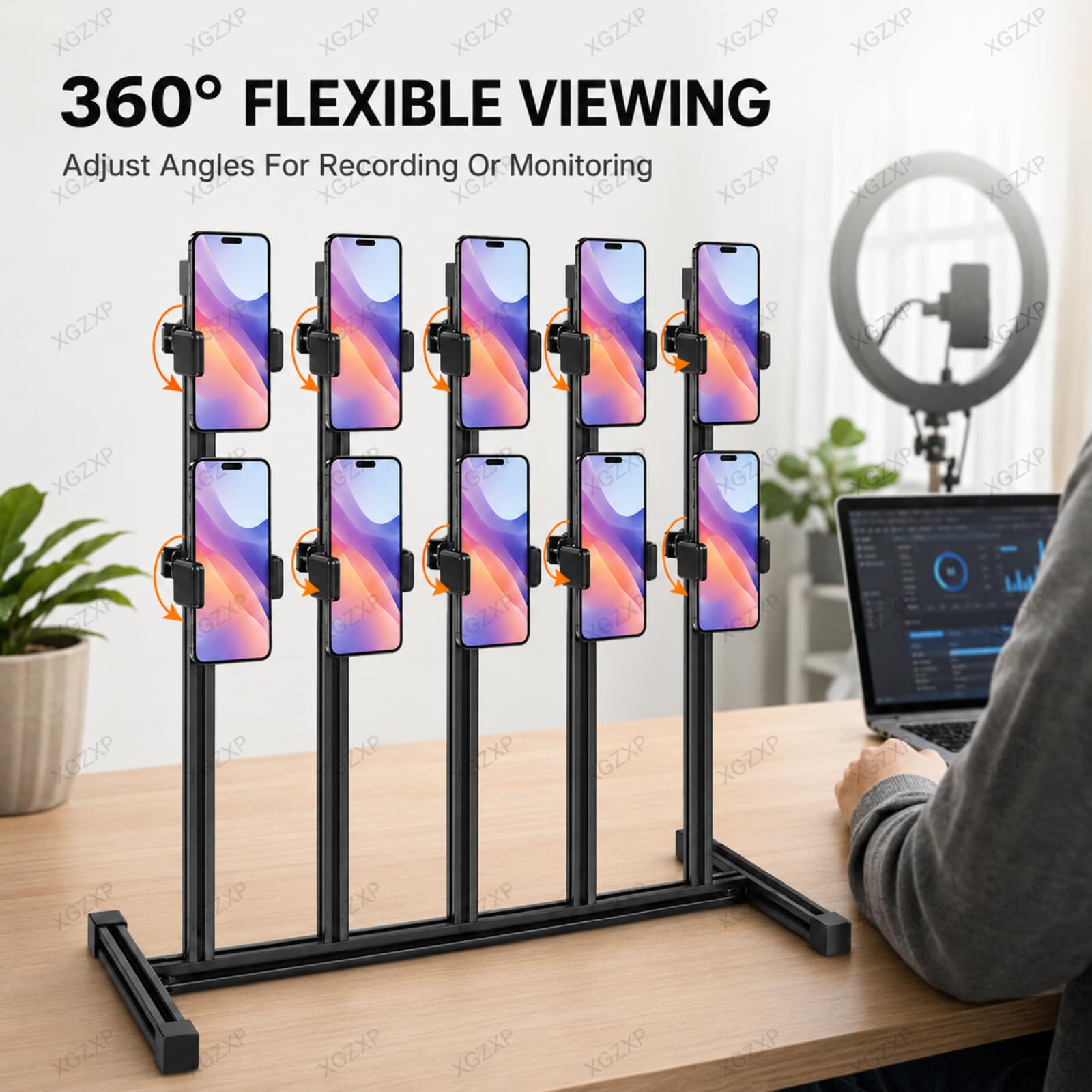 Supporto per Cellulari con Base Pesante, Espositore per Cellulari con Morsetti Regolabili A 360°, Altezza del Supporto Regolabile per Streaming Live, Studio E Test di Gioco. 15