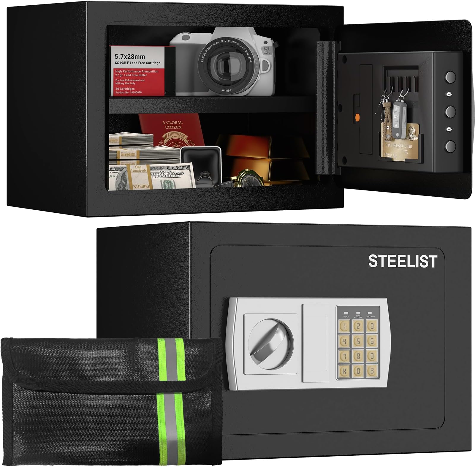 Safety Box, 1.0 Cu Ft Stack on Safe, Cash Safe with Key and Digital Keypad, Safes for Home Use Fire and Water Proof, Security Box with Removable Shelf, Safes for Hotel, Dorm and Business