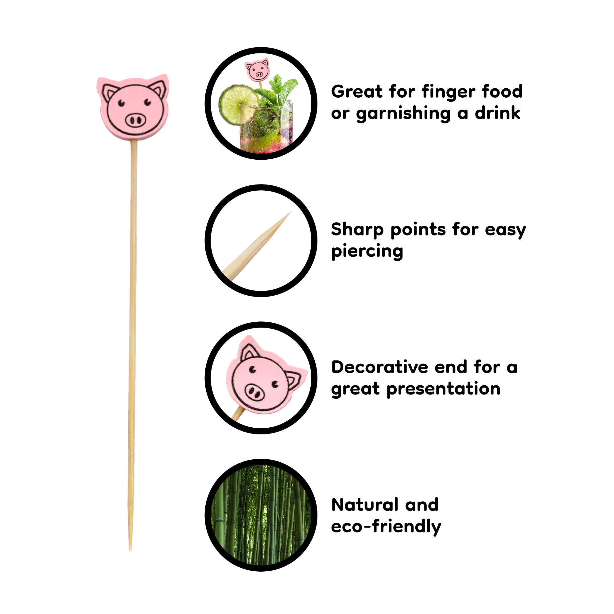 Lot de 100 cure-dents en bambou pour apéritifs 11,9 cm Motif cochon rose