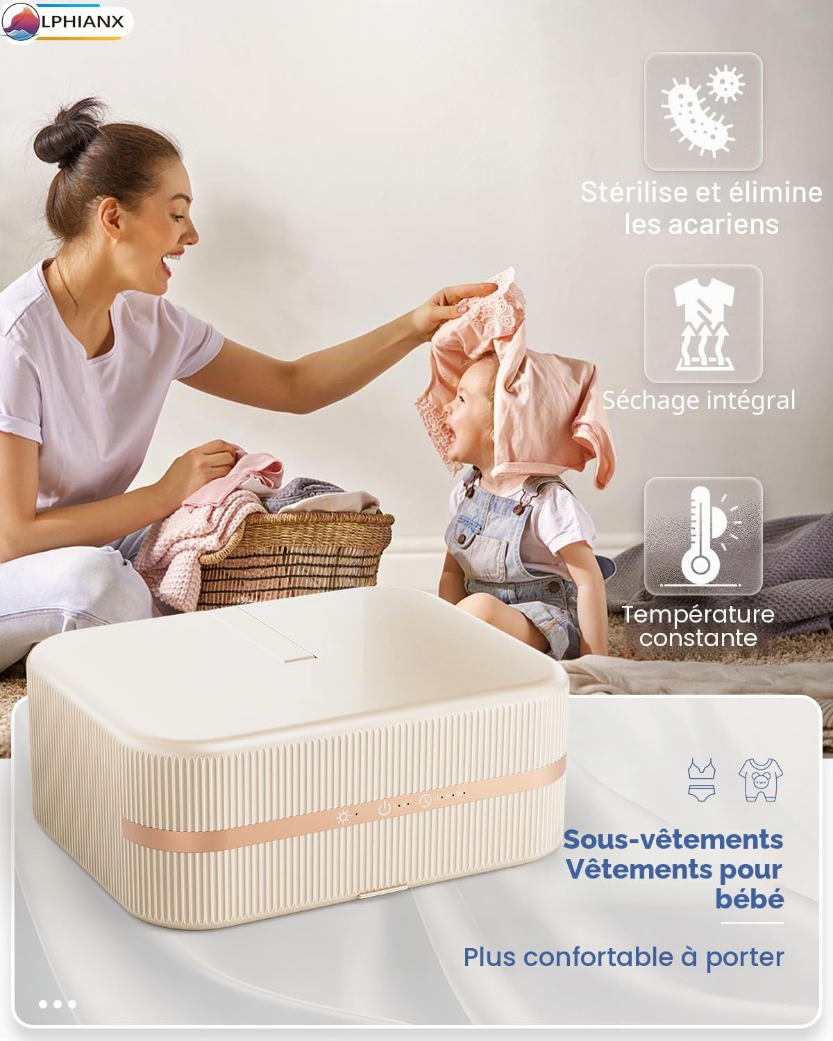 Sèche-linge portable, mini séchoir électrique à pompe à chaleur, minuterie, UV, arrêt automatique/600 W