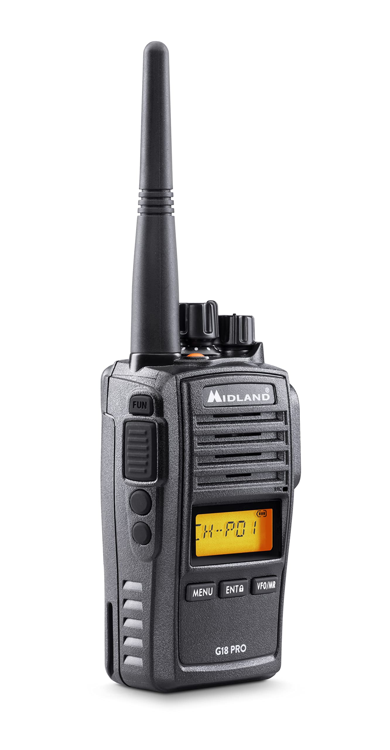 Midland G18 Pro Talkie-walkie Radio bidirectionnelle, 99 canaux PMR446 sans Licence, certifié IP67, Batterie Li-ION, Chargeur de Bureau, Clip de Ceinture, certifié UKCA, Prise Britannique, Noir