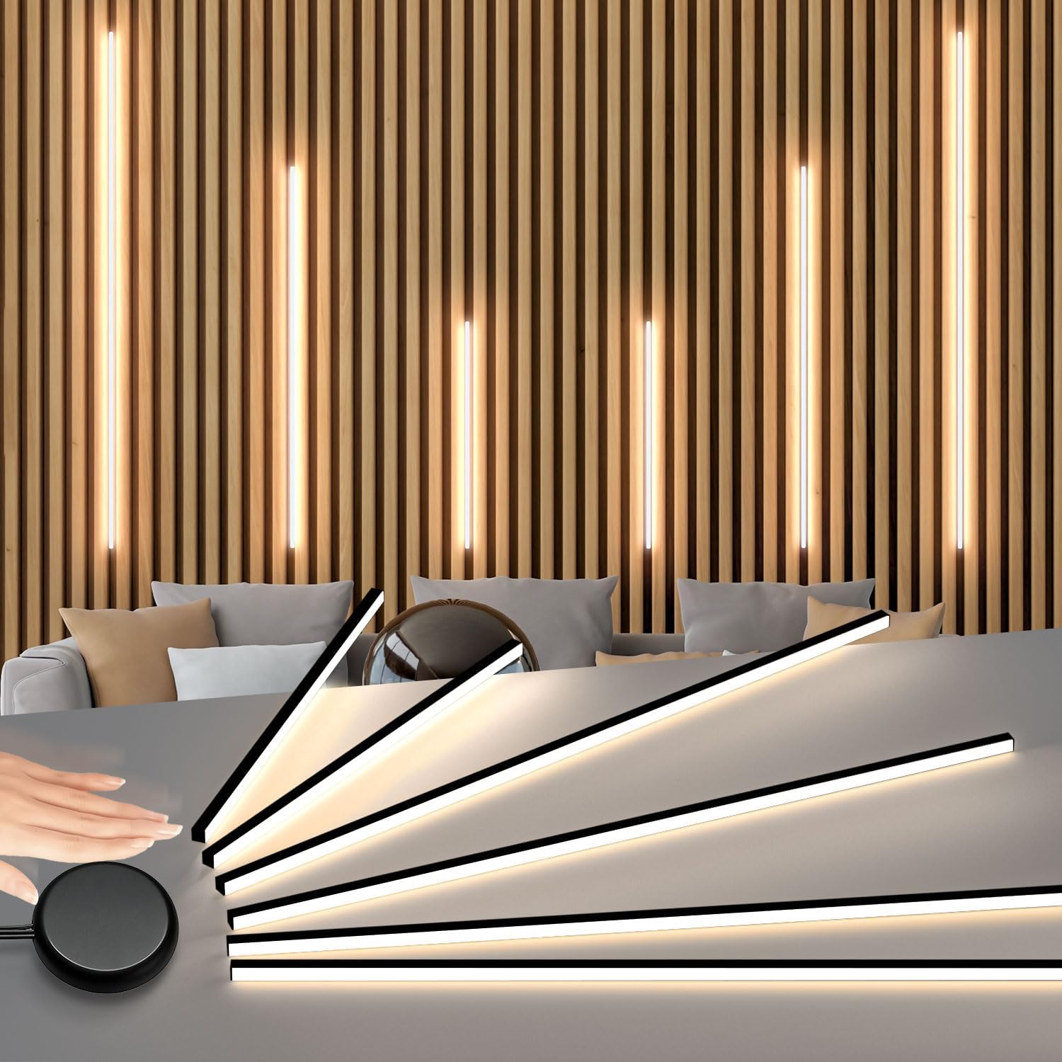 Lichaser LED Recessed Lighting for Acoustic Panel, 6 Pcs of 2700K Dimmable LED Strip Light for Wood Slat Wall Panel in Parallel with Touch Sensor, Self-Adhesive for Slat Wall Decor (2*40+2*60+2*90 cm)