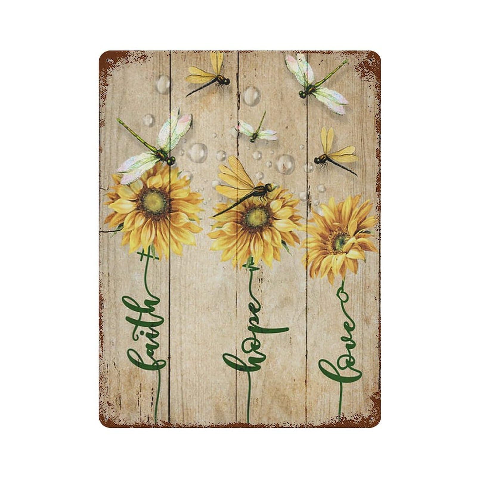xiaoxiaoshen Sunflowers Dragonfly Faith Hope Love Wall Decor Art Metal Tin Poster Modern Home Decor Art Home Bar Shop Decorations Vintage Sign 40x30cm