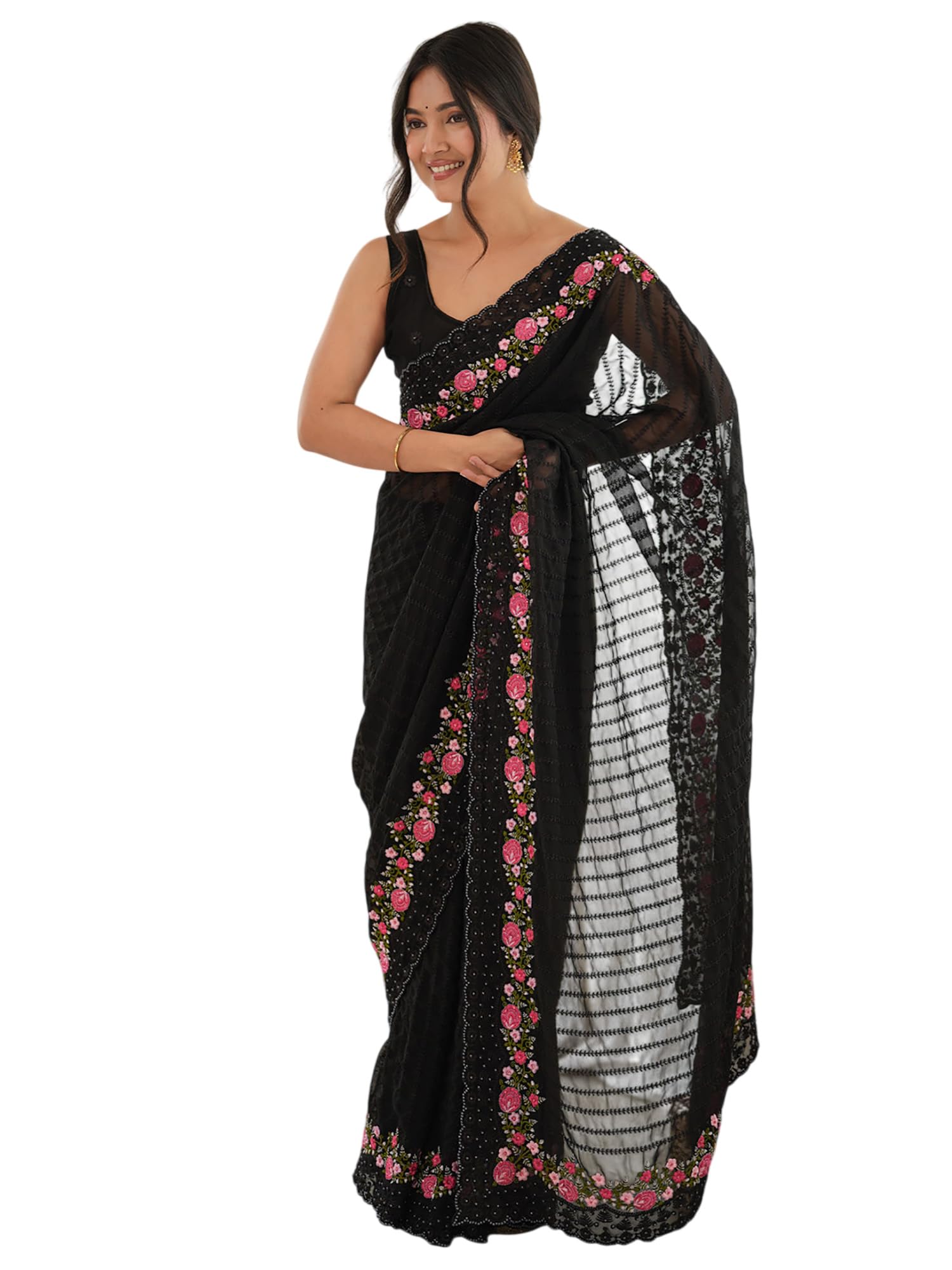 akhilam Women's Georgette Stone Work Saree With Unstitched Blouse Piece (MNVI25073A_MN_Parent)-picture-22