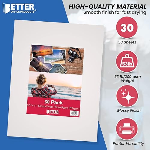 Miniatura 3 de Better Office Products Papel fotográfico brillante, 8.5 x 11 pulgadas, 30 hojas, 7.05 oz/m², tamaño carta, paquete de 30 unidades