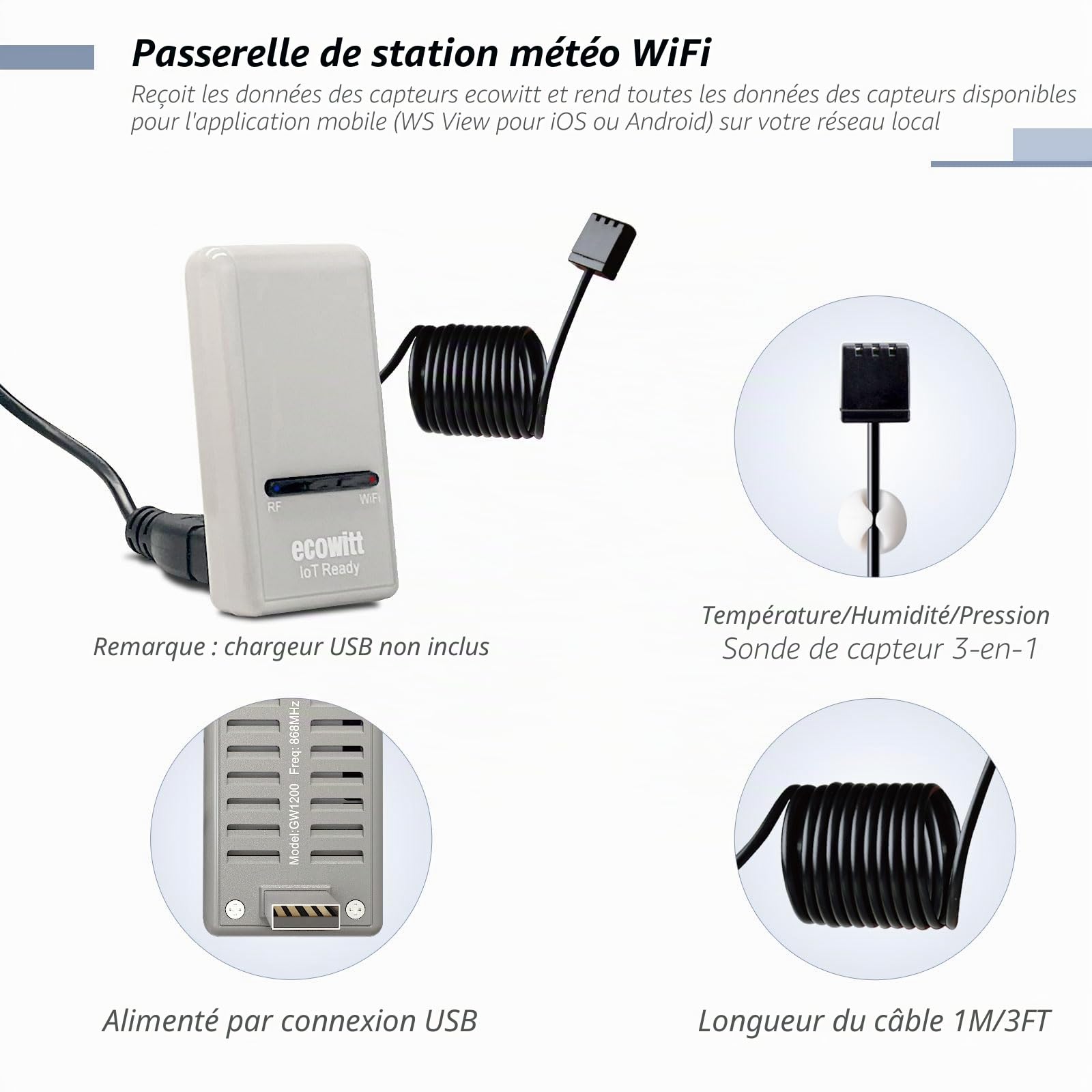 ECOWITT Stations météo Wi-Fi GW1201, 7 en 1 Unité de capteur extérieur sans fil à énergie solaire WS69, Nouvelle passerelle intérieure 3 en 1 GW1200, Contrôle de liaison intelligent IOT