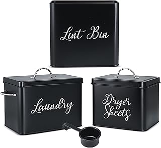 3-in-1 Set for Laundry Room Organization: Laundry Pods Container, Magnetic Lint Bin Trash Can, and Dryer Sheet Holder – Modern Farmhouse Decor for Laundry Room Organization Jars and Storage (Black)