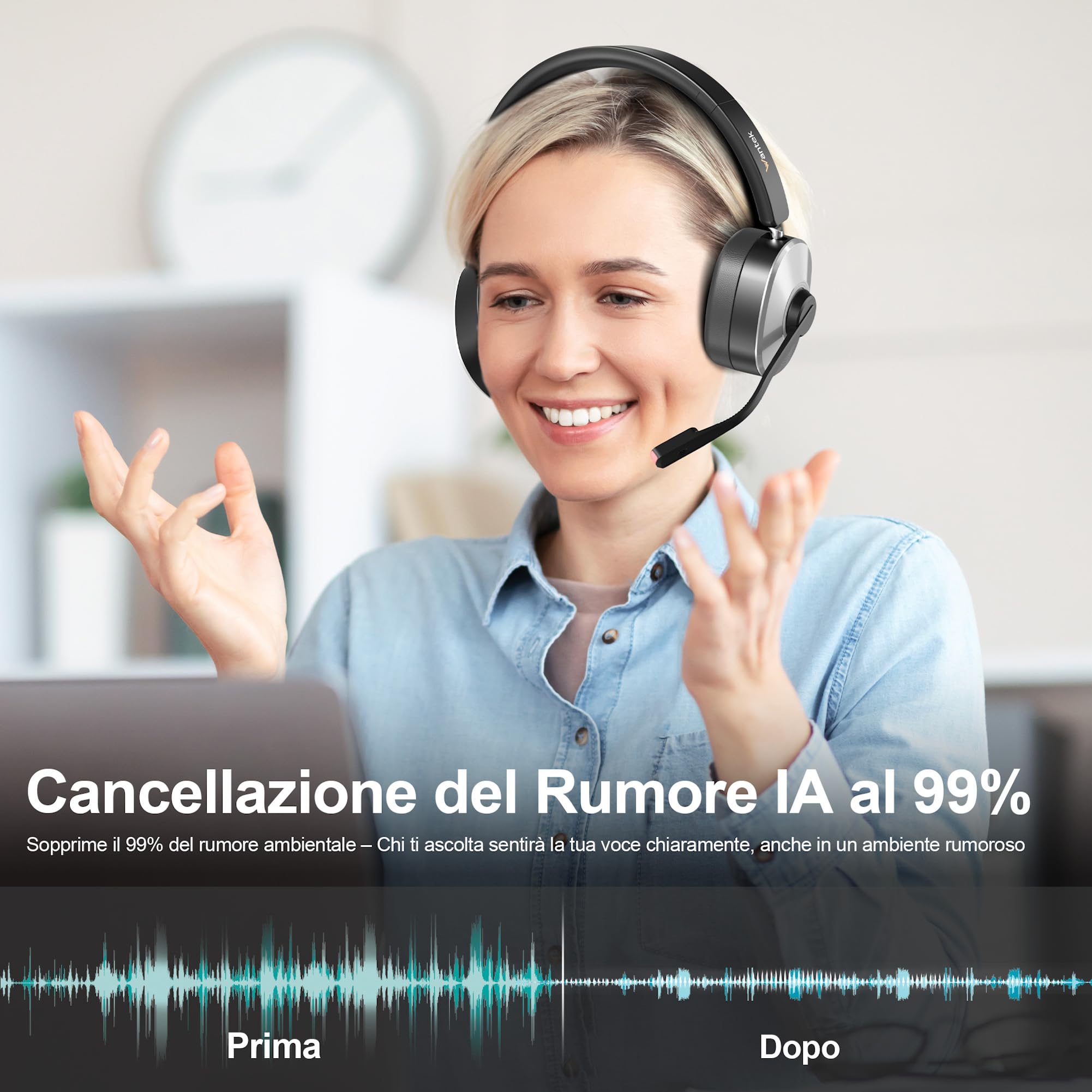 Wantek Cuffie Bluetooth con Microfono,Cuffie Wireless con Dongle USB e Base di Ricarica,Microfono con Riduzione del Rumore,Pulsante Muto per PC Laptop Ufficio Smart Working Call Center Teams Zoom