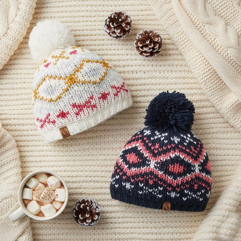 A2Z 4 Kids Girls Hats 2 Pack Nordic Bobble Beanie Soft Lined Pom Pom Hats Lightweight Soft Feel Winter Warm Cosy Caps