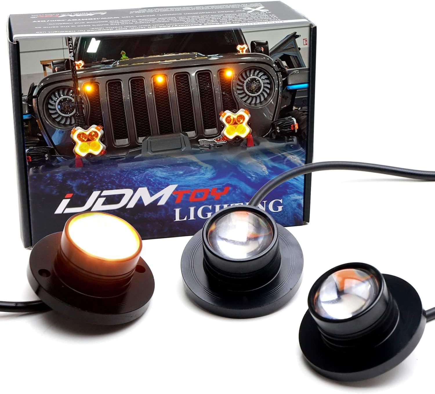 iJDMTOY 3pc Set Pre-Runner Style 12-SMD Amber Yellow LED Grille Clearance Light Kit Compatible with Jeep Wrangler JL or Gladiator JT