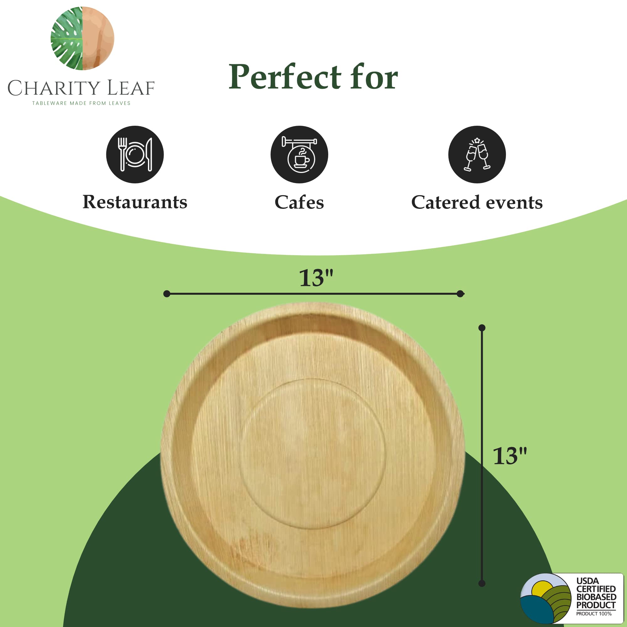 Charity Leaf Jednorazowe okrągłe tace o głębokości 33 cm (25 sztuk) bambusowe talerze do serwowania, jednorazowe deski, ekologiczna zastawa stołowa na wesela, catering, imprezy
