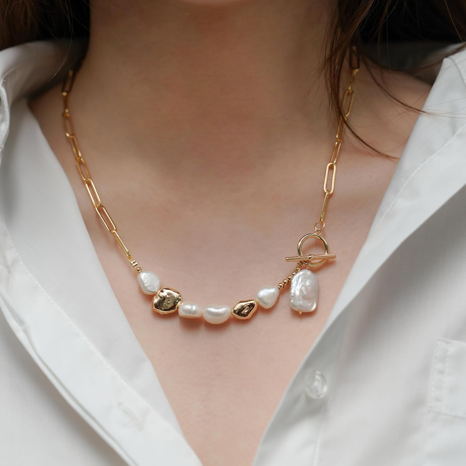 Gold Cuban Chain Necklace Baroque Pearl Necklace 14K Gold Plated Rose Gold Plated Freshwater Pearl Necklace Daily Jewelly for Women - Image 7