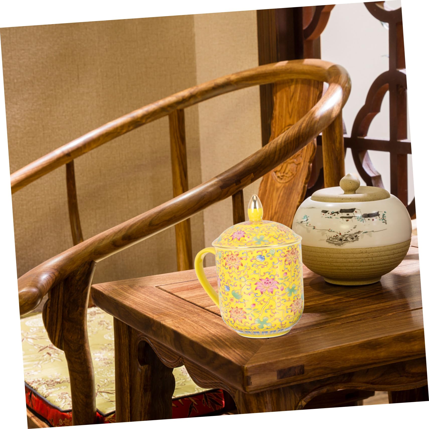 Teetasse als Asiatisches Teetassen Satz mit Deckel und Teesieb Keramik Gelb im Klassischen Retro Stil Geeignet für Restaurant und Teehäuser