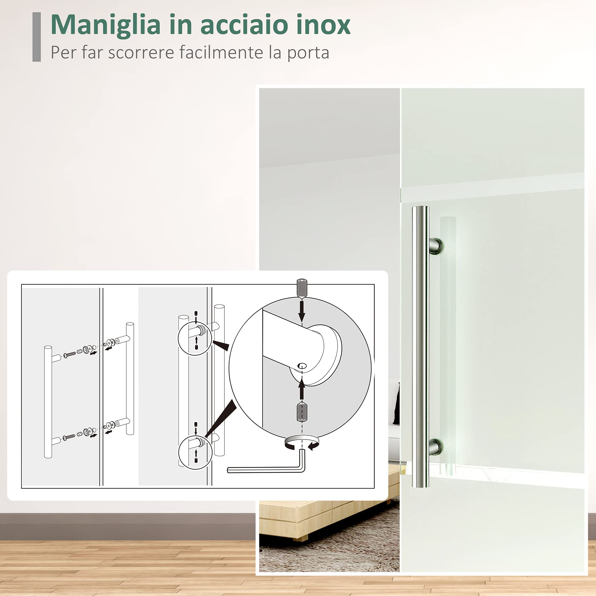 Homcom Porta Scorrevole in Vetro a Strisce con Binario in Alluminio, 75 x 210cm