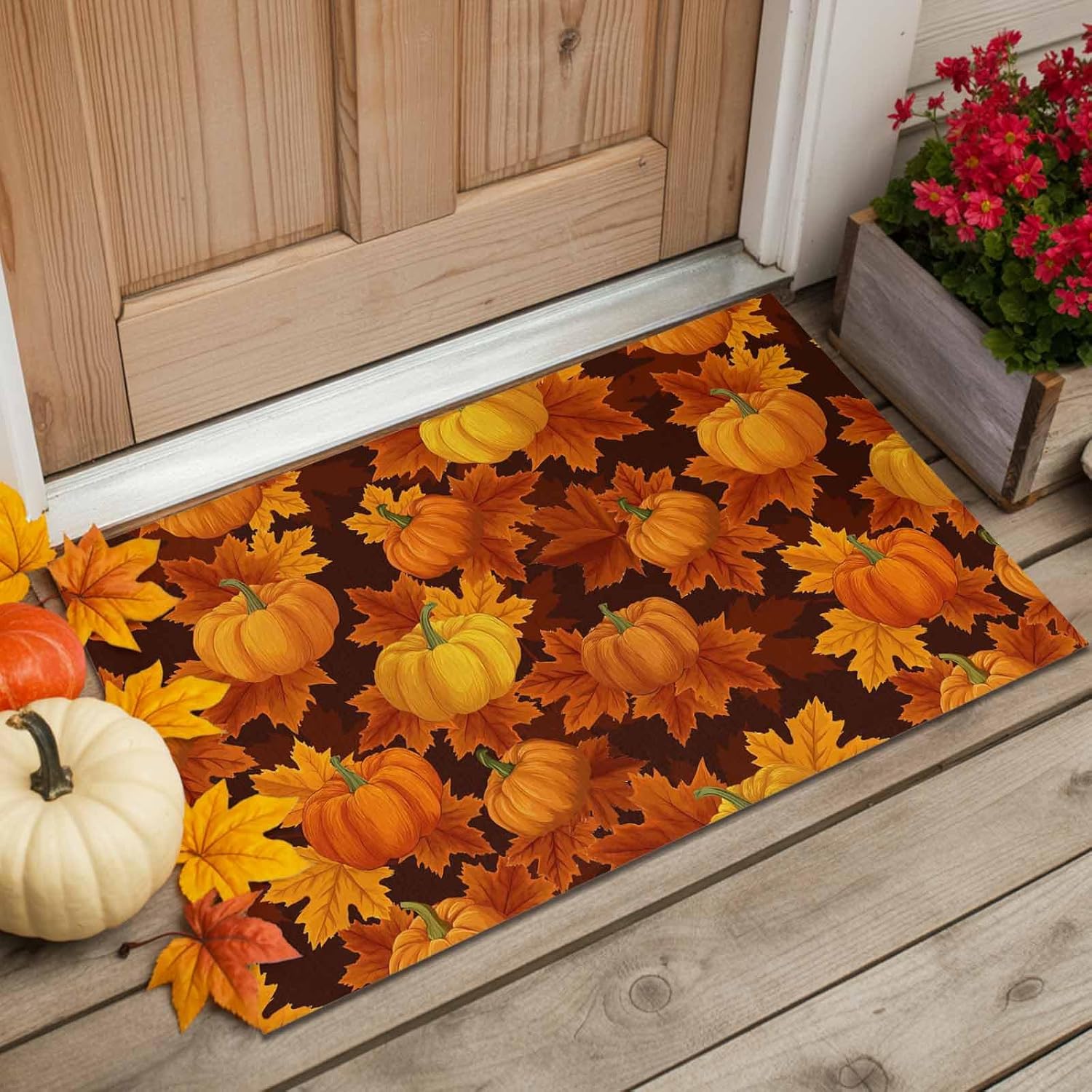 Fall Welcome Mat Thanksgiving Pumpkin Indoor Doormat,Autumn Maple Leaf Floor Door Mat Orange Watercolor Non-Slip Entrance Rugs,Farm Leaves Seamless Water Absorbent Bath Rug for Bedroom 18x30in