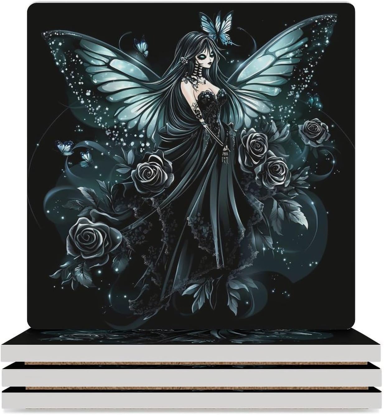 Goth Roses Butterfly Skeleton Fairy Coasters for Drinks Square Table Coasters Set Cup Mats with Cork Base