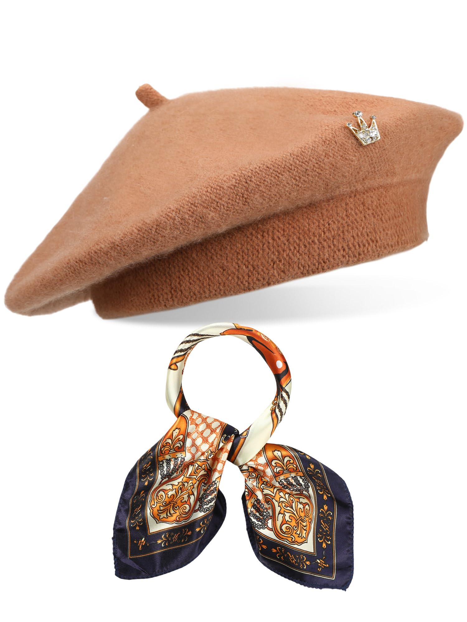 Jamntower3 Pcs Wool Beret Solid Color French Beanie Hat with Silky Scarf Brooch for Women Girls Gift