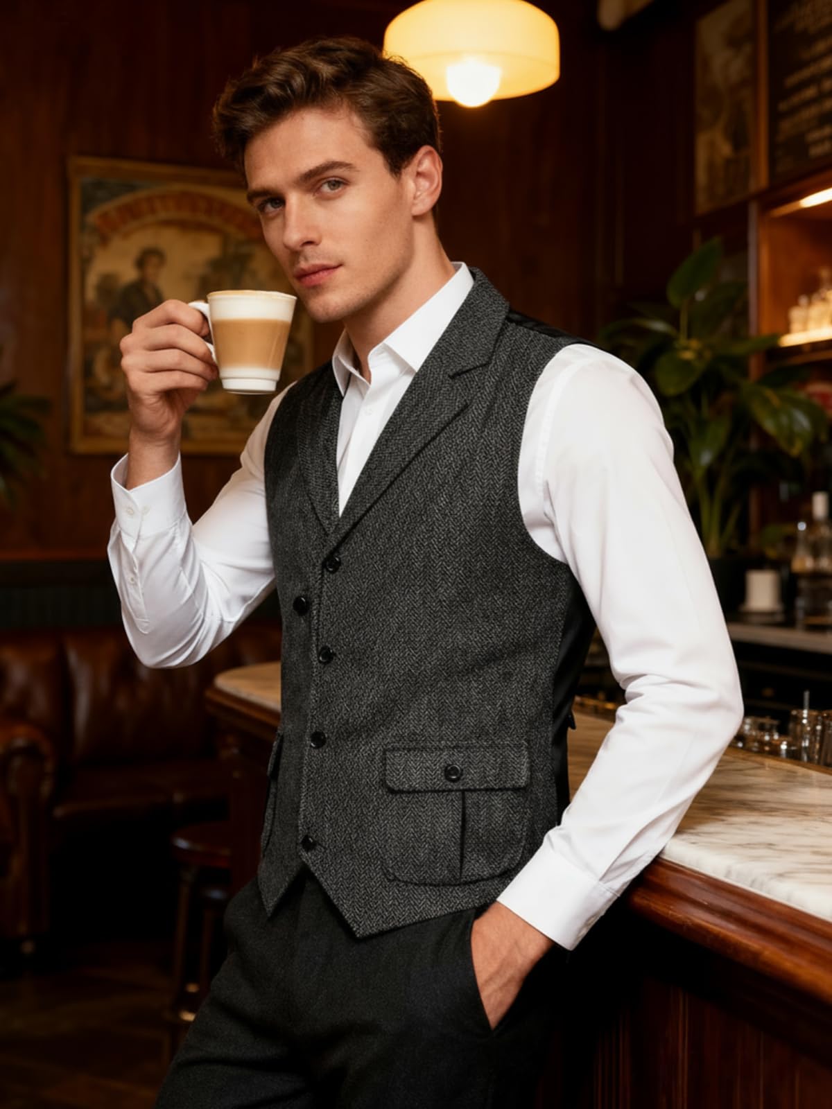 mintgreen Gilet vintage da uomo in tweed a spina di pesce, scollo a V, vestibilità regolare, gilet casual