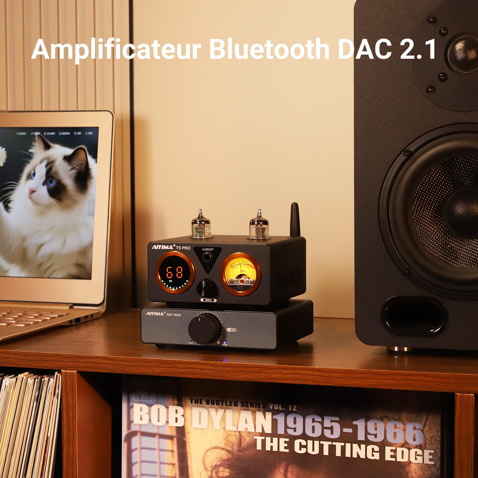 Amplificateur stéréo DAC Bluetooth à Tube 2.1 AIYIMA T9PRO 200W TPA3250 | Ampli HiFi de Classe D avec ES9018K2M,QCC3040 aptX,VU-Mètre et affichage Numérique,Télécommande,Aigus/Graves,Sortie AUX