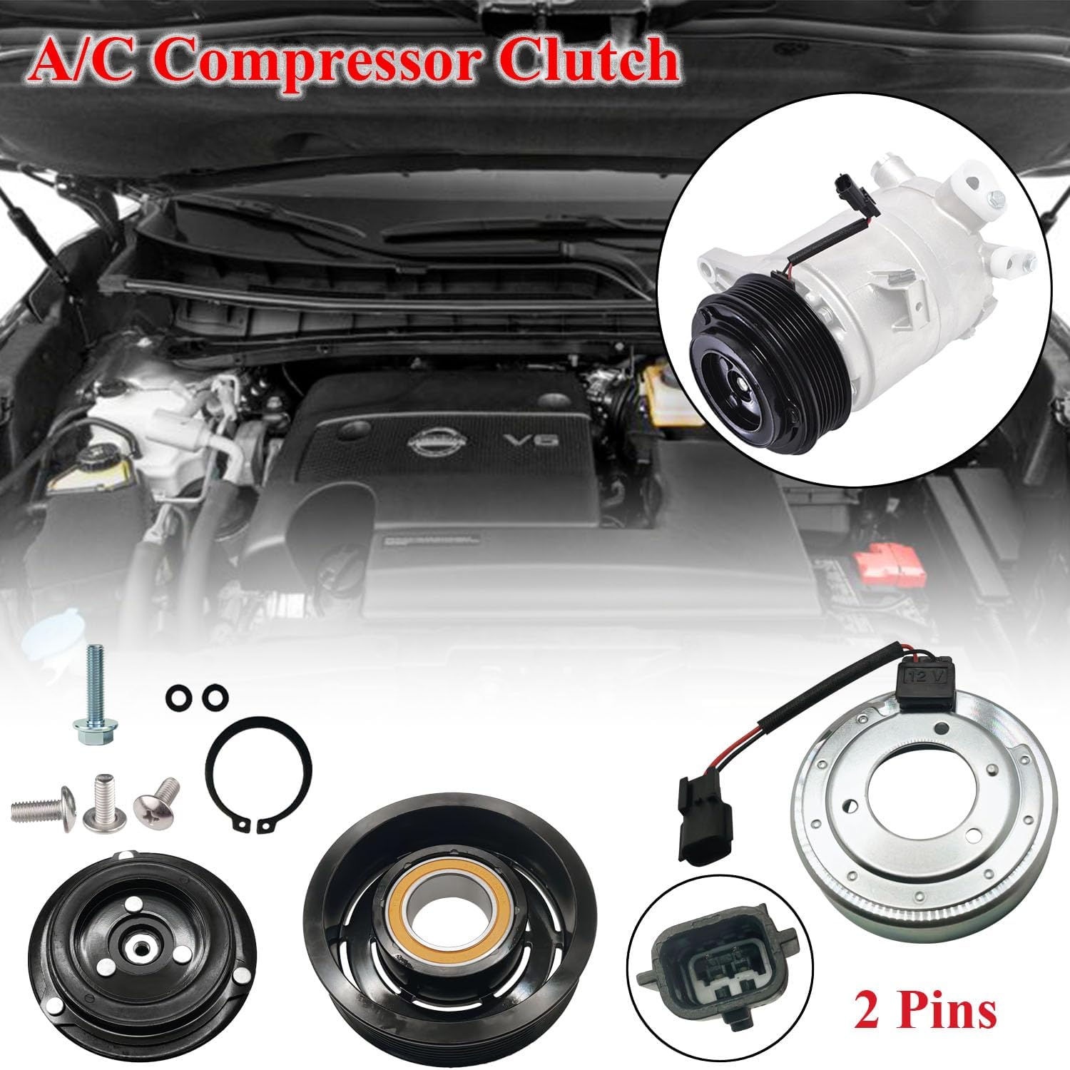 A/C Compressor Clutch Assembly Kit Plate Pulley Bearing Coil 68671 Replacement for 2009-2014 Nissan Murano 3.5L, AC Air Conditioning Compressor Clutch Coil Auto Repair Kit
