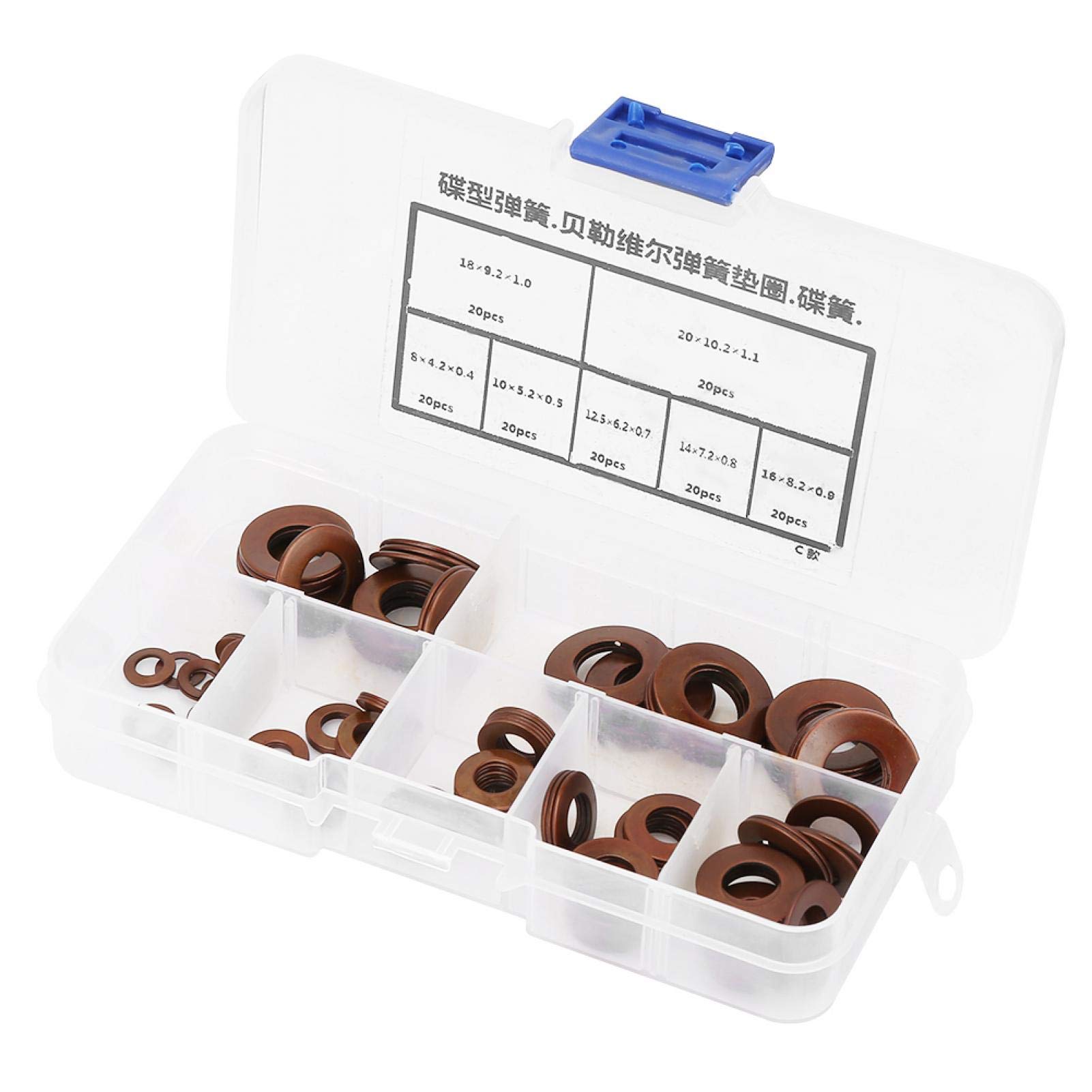 140 pièces 7 tailles Belleville ressort de compression en acier disque ressort C ensemble disque rondelle ralentissant joint Kit de remplacement avec boîte en plastique