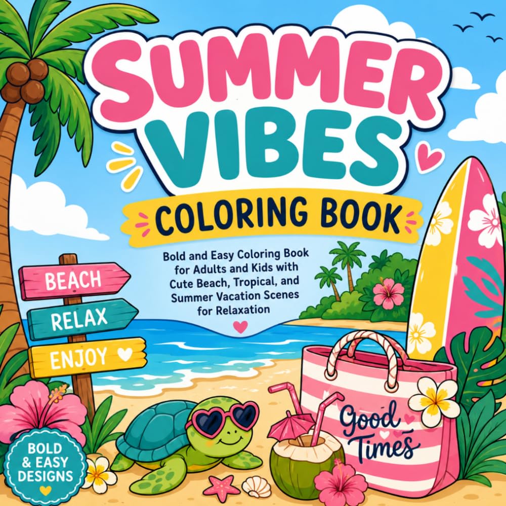 Summer Vibes Coloring Book: Bold and Simple Coloring Book for Adults and Kids Filled with Cute Summer Animals, Beach Fun, and Sunny Days