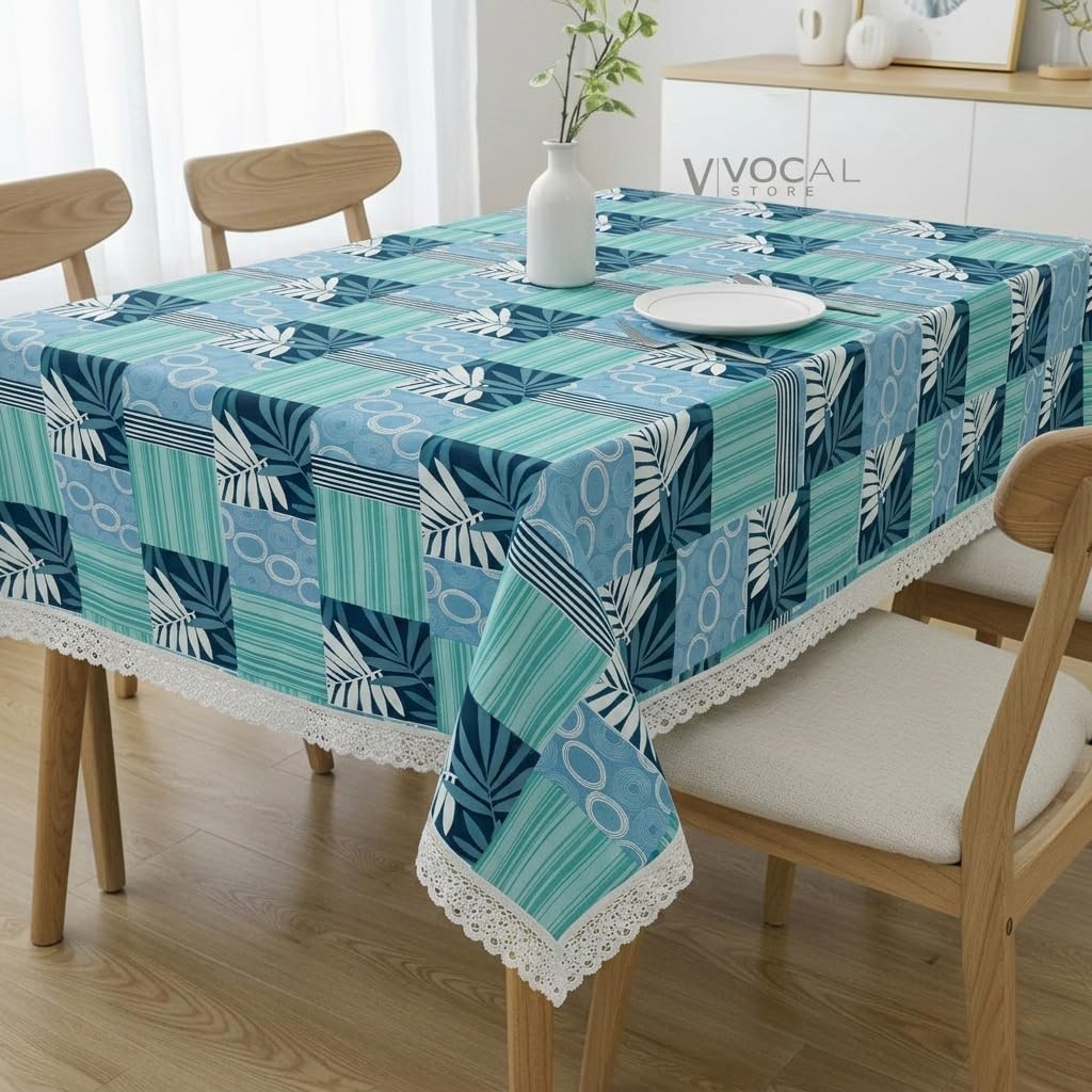 Lace Table Cloth for Dining Table, Decorative Center Table Cover for 4 Seater, 36 x 60 Inch, Aqua Leaf Check- (CTBL7-P05)-image-16
