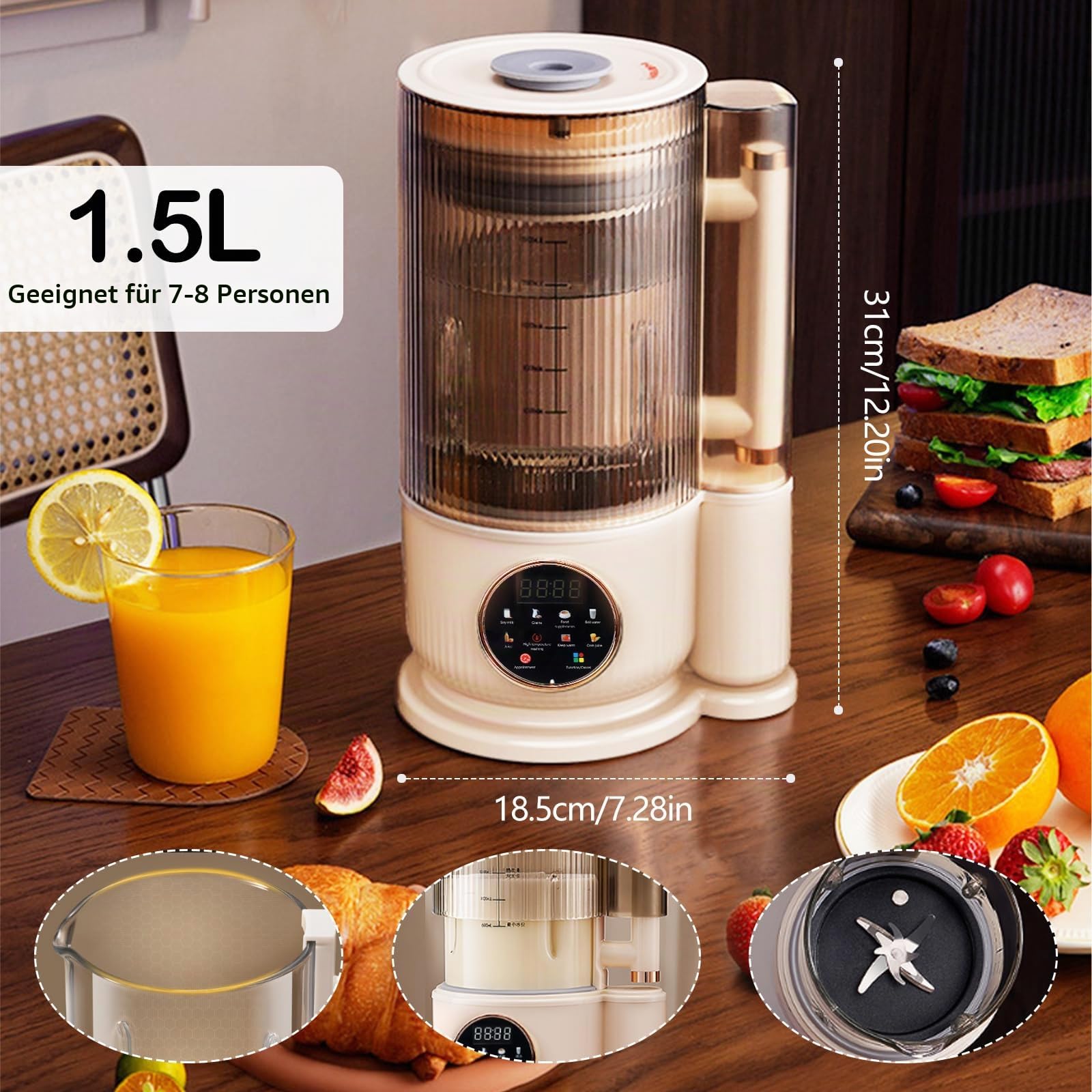 Nussmilchmaschine, Wandbrechender Maschine 1500 ml Automatische Sojamilch Maschine Smoothie und Saftmaschine mit Reinigungsfunktion Reservierung Funktion Pflanzenmilchbereiter mit 12 Klingen