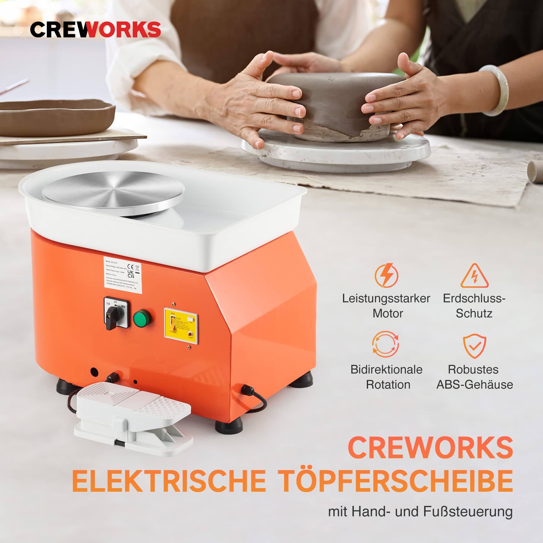 CREWORKS Töpferscheibe Elektrisch Töpferscheibe Fußantrieb 350W Keramikformwerkzeug 0-300 U/MIN Keramik-Tonmaschine 8 TLG Keramik Kit Tonspinnrad 25CM Pottery Wheel
