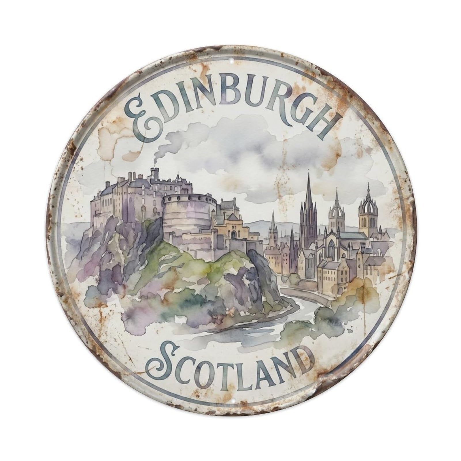 Vintage Travel Edinburgh Skyline Scotland Metal Tin Sign Plaque Wall Decor for Cafe, Club, Garden Round Metal Poster 8x8Inch