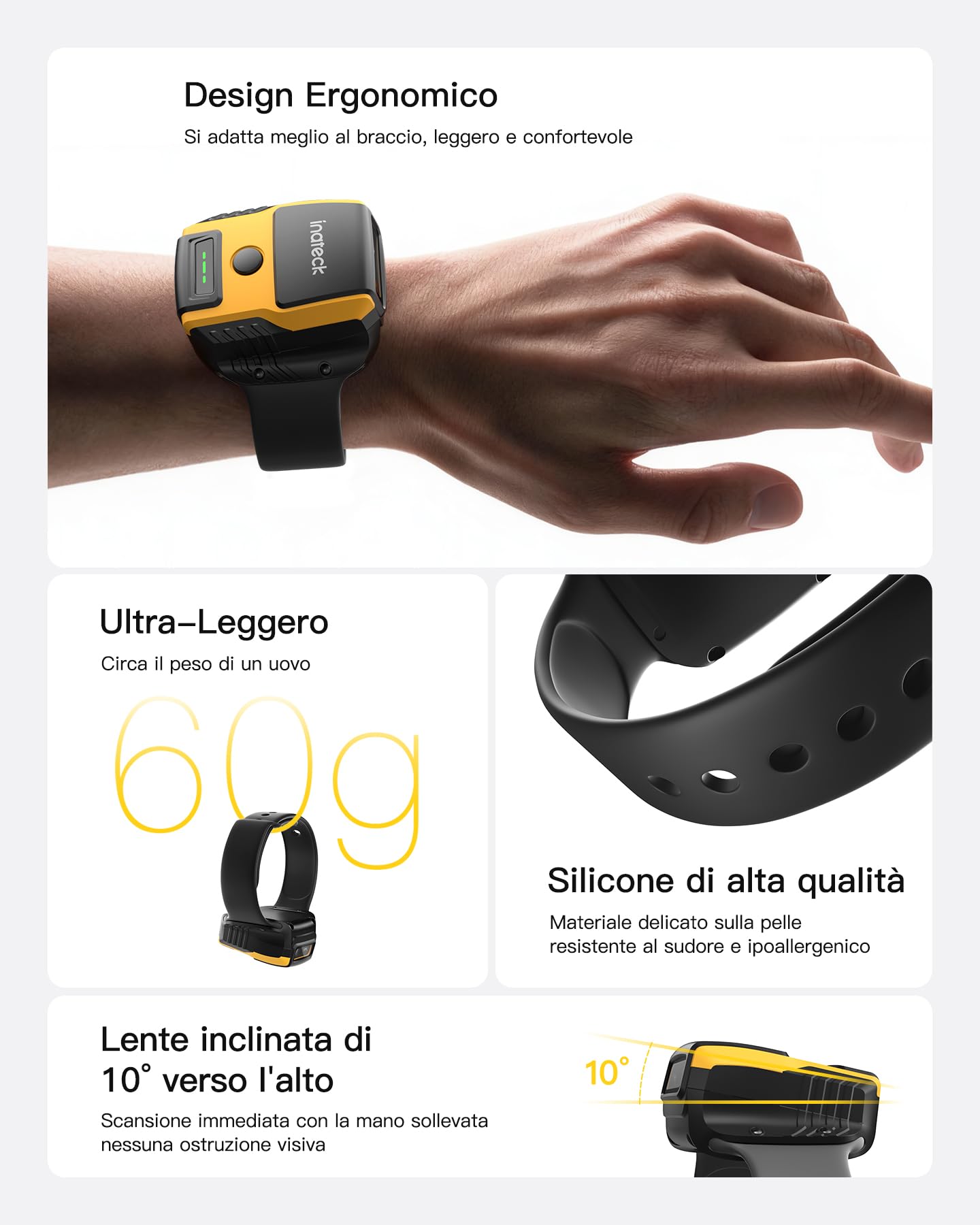 Inateck Lettore Codice a Barre Indossabile 1MP 2D QR, Scanner da Polso a Mani Libere con Controllo Vocale, Inclinazione Ergonomica 10°, Bluetooth 5.3, Leggero (60g) per Smistamento, Nano 370