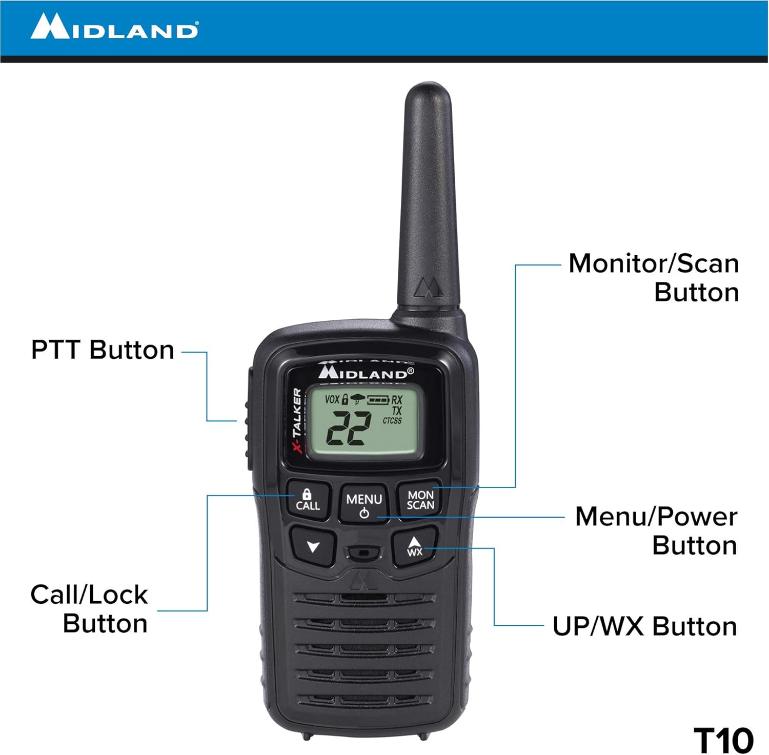 Midland T10 22 Channel FRS Walkie Talkie - Up to 20 Mile Range Two-Way Radio - Black (Pack of 8)