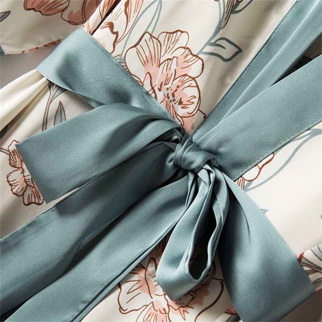 Print Flower Robe Suit 2PCS Sleep Set Women Gown Satin Intimate Lingerie Nighty&Bathrobe Sleepwear Homewear(D,Large)
