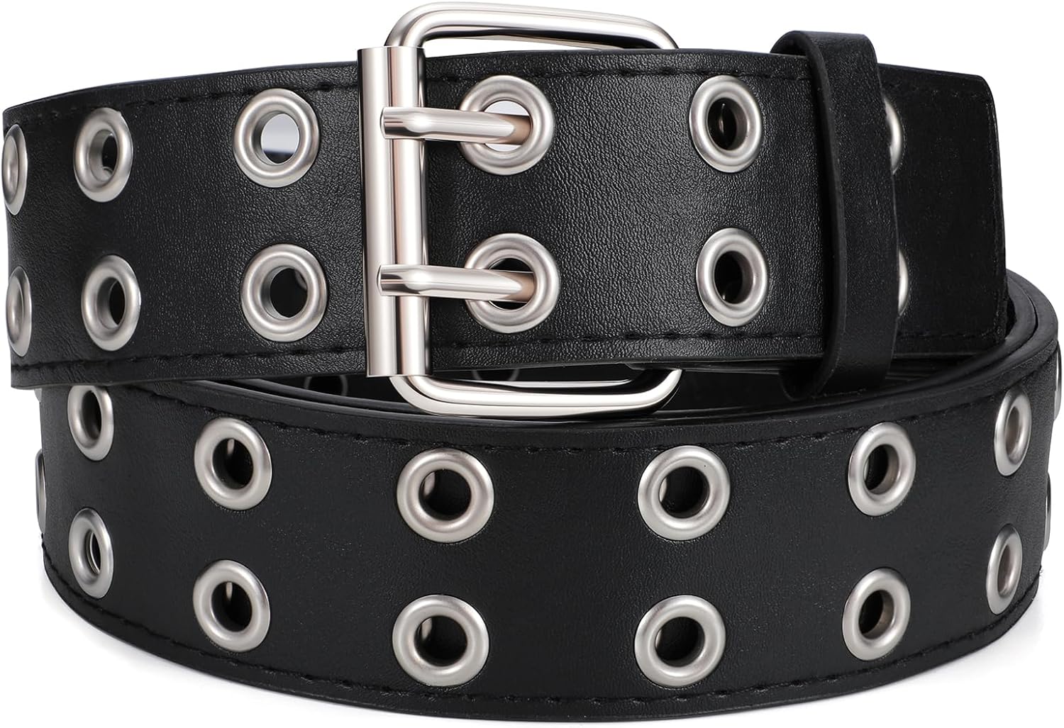 SANSTHS Women Double Grommet Studded Belts, Black Leather Belt for Women Men Punk belt