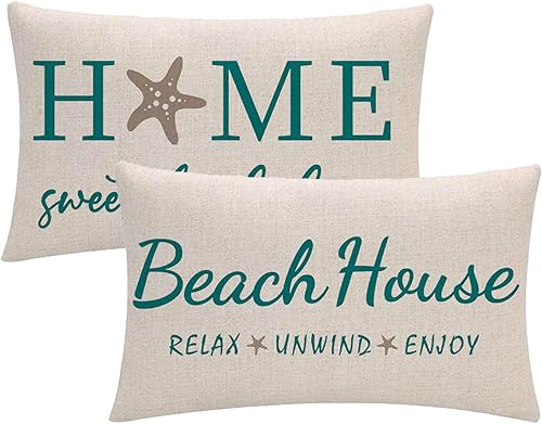 7COLORROOM Paquete de 2 fundas de almohada decorativas de casa de playa, relajantedisfrutadescansoestrella de mar rectangularfundas de cojín de