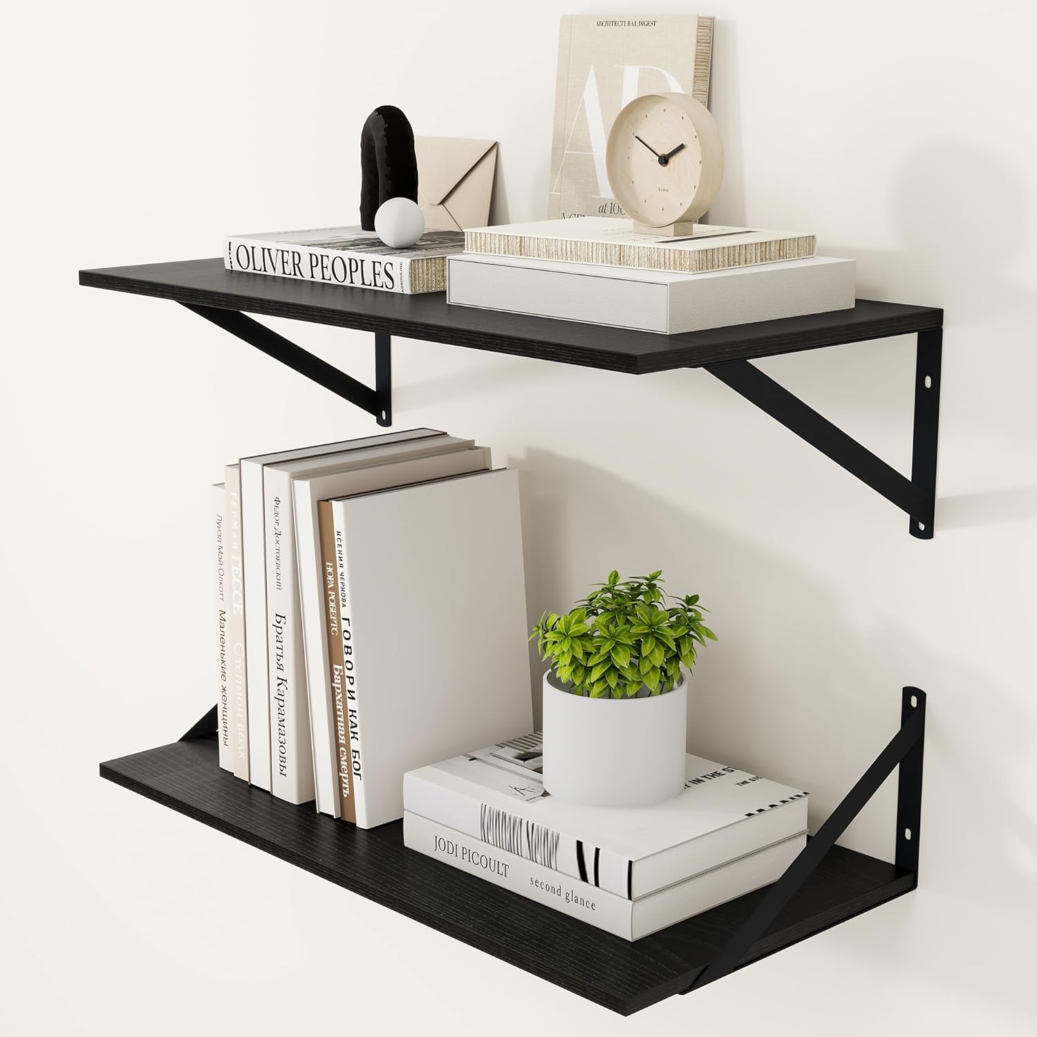 Black Deep Floating Shelves for Wall, 24W x 12D Wood Wall Shelves Set of 2, Wide Floating Bookshelf for Living Room, Kitchen, Office, Bedroom and Decor Storage, with Metal Bracket - Black