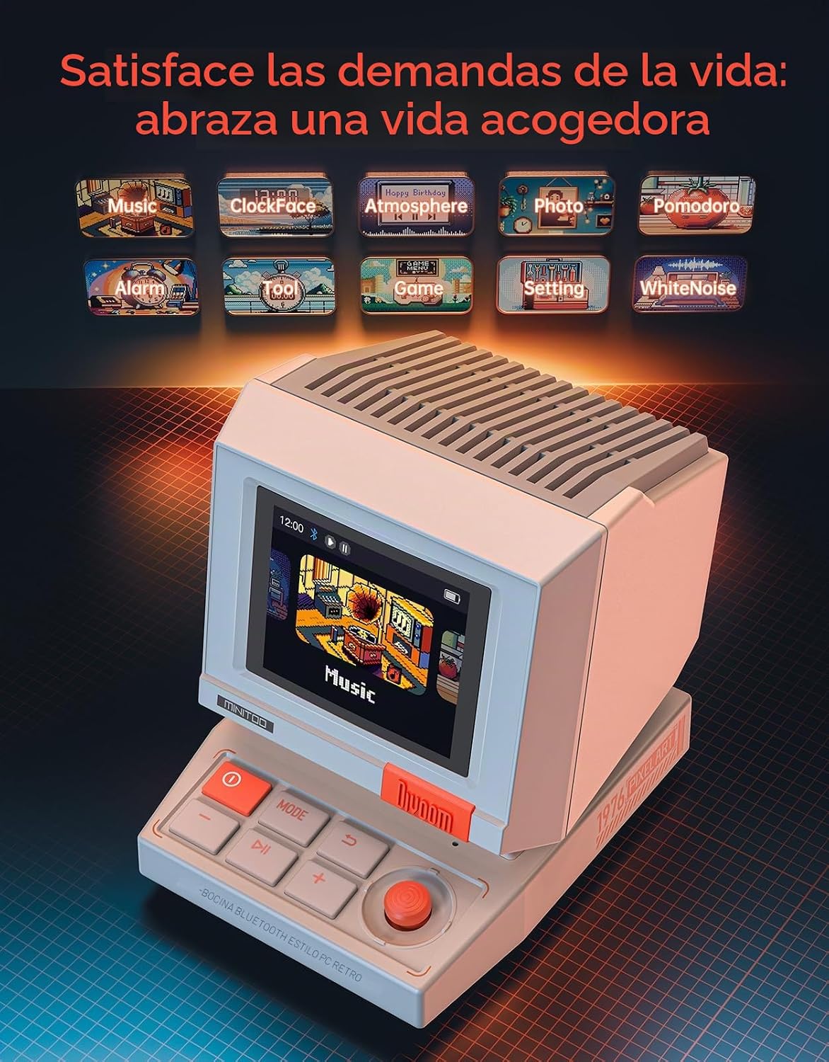 Divoom MiniToo – Altavoz de computadora retro estilo PC, pantalla inteligente de píxeles con caras de bricolaje, Bluetooth y audio USB, alarma/reloj de ruido blanco, regalo de configuración de 6