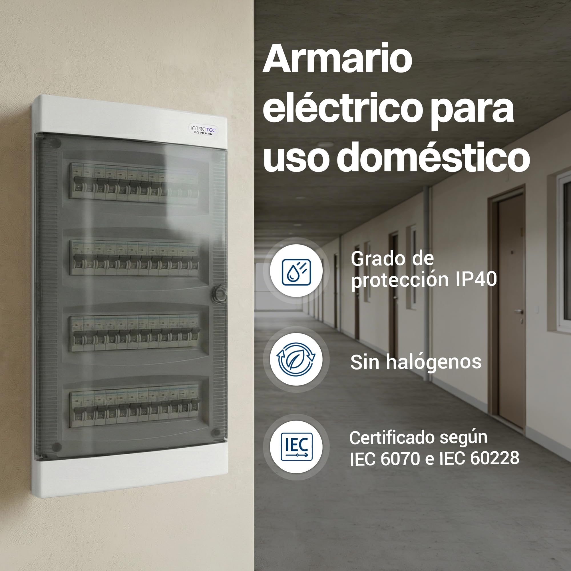 Intratec Caja de Distribución Empotrada 4 Fila – Caja de Distribución IP40 para 48 Módulos con Puerta Transparente y Riel para Instalación Eléctrica Fácil en Casa y Negocios – 676 x 283 x 106mm