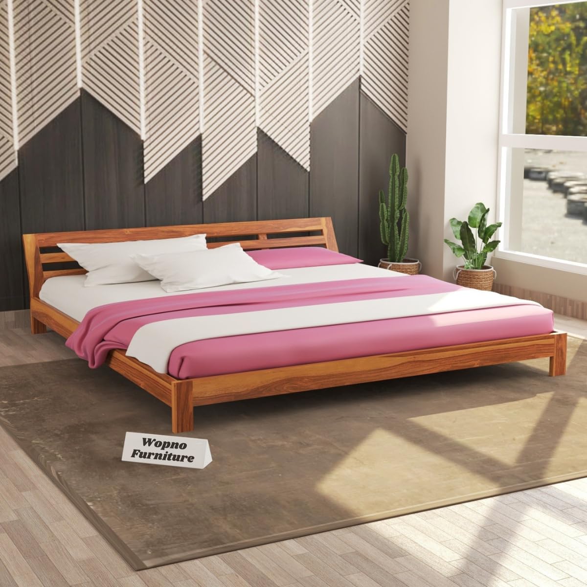Wopno Furniture Solid Sheesham Wood Queen Size Bed Without Storage for Bedroom | Rosewood Palang Bed Living Room | Wooden Double Bed Cot for Home Hotel | Platform Bed (Honey, Queen Size)-image-38