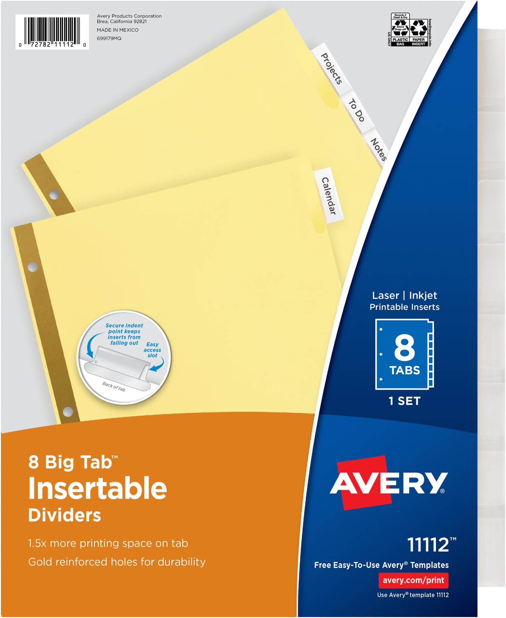 Avery 8-Tab Binder Dividers, Insertable Clear Big Tabs, 1 Set (11112)