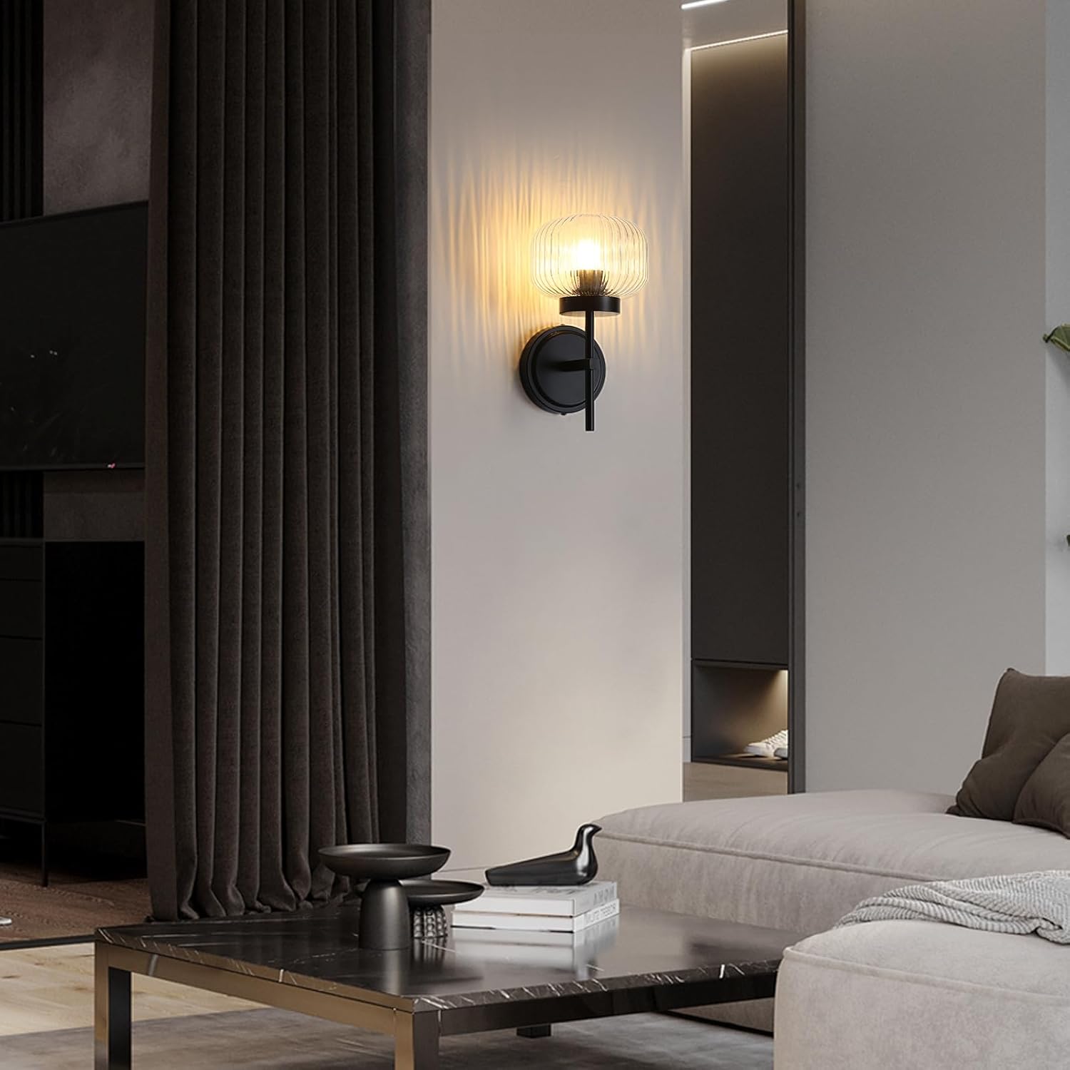 Black Wall Sconces Set of Two Upward or Downward Hardwired Wall Light Fixtures with Globe Glass Modern Wall Lights for Living Room Bedroom Mirror Hallway (2 Pack)