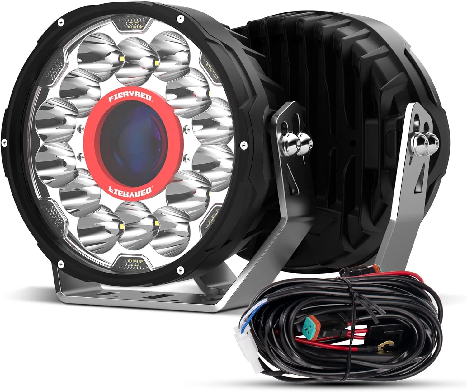 7 Inch Offroad Spot Lights，FieryRed Round Work Light with DRL，11700 LM