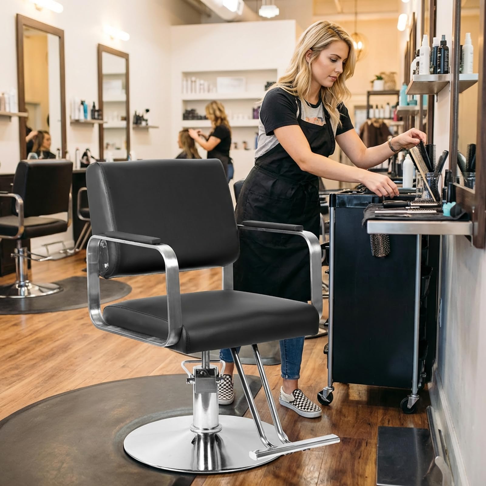 Hydraulischer Friseurstuhl Barberstuhl Salonstuhl, Professioneller Stylingstuhl höhenverstellbar, 360 Grad Drehstuhl Friseur Möbel, Schwerlast Salon Chair Beauty Ausstattung (Schwarz)